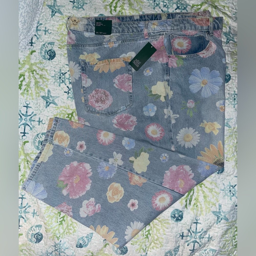 Women's High-Rise Relaxed Straight Fit Jeans - Wild Fable™ Medium Wash Floral 26